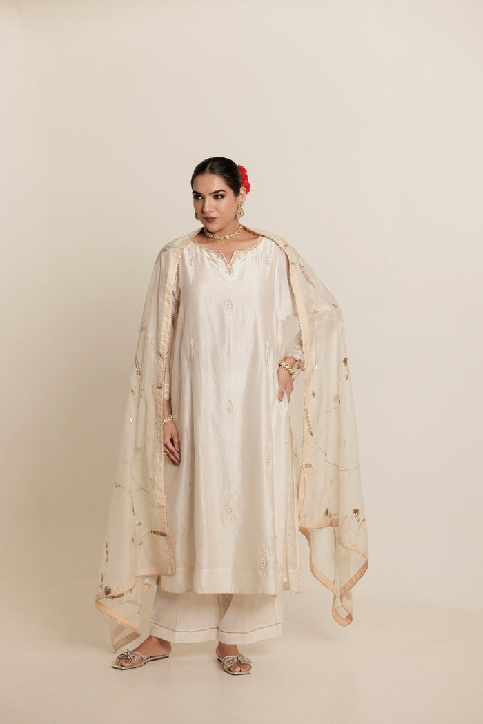 Ivory Hand Embroidered Aari Cotton Silk Kurta Set
