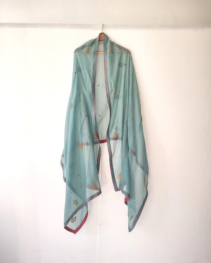 Festive Blue Gold Hand Embroidered Cotton Silk Dupatta