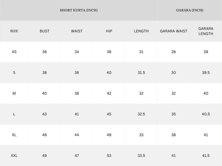 Garment size chart in inches