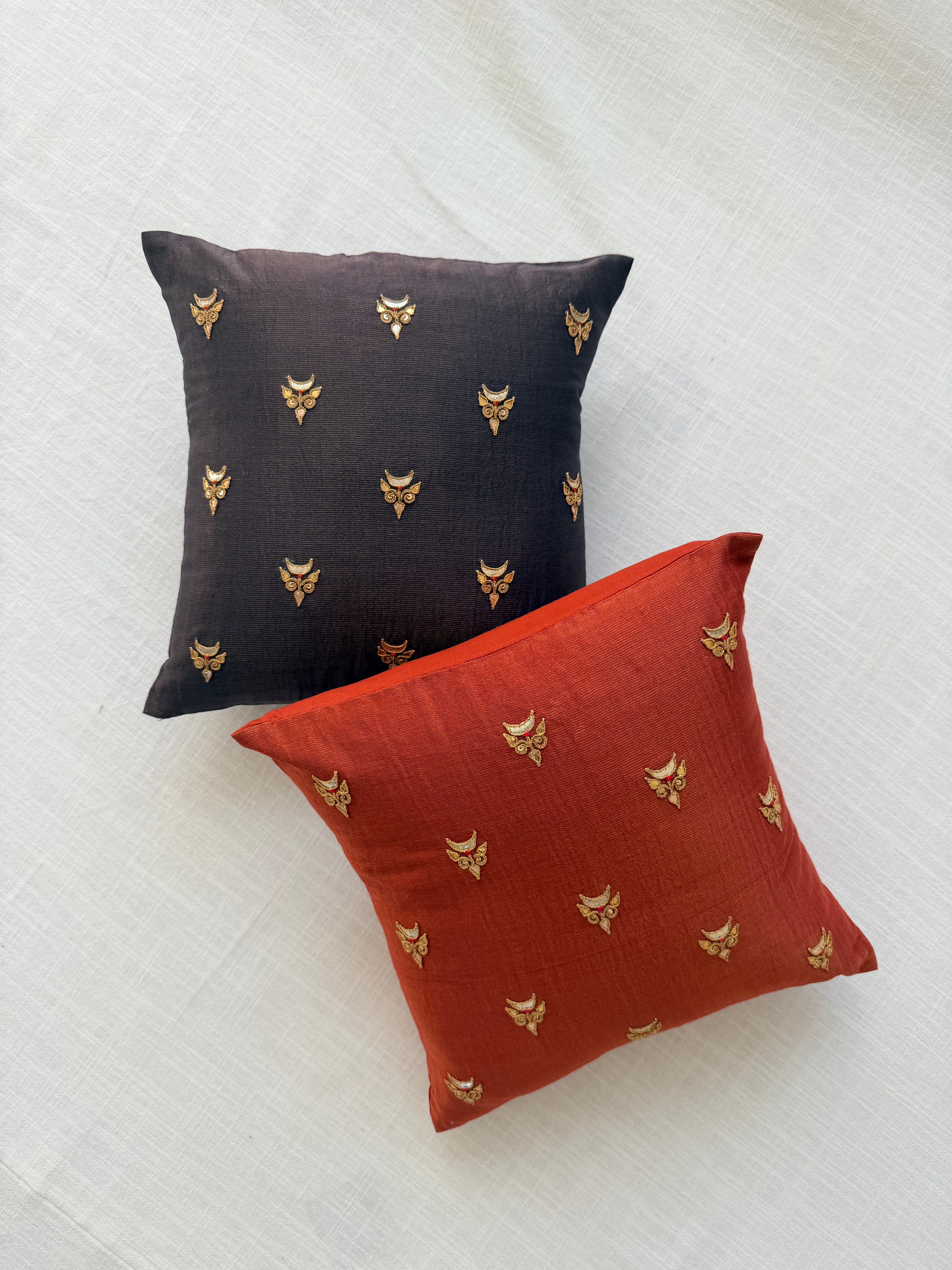 Taupe tissue Hand Embroidered GotaPatti Cotton Silk Cushion Cover