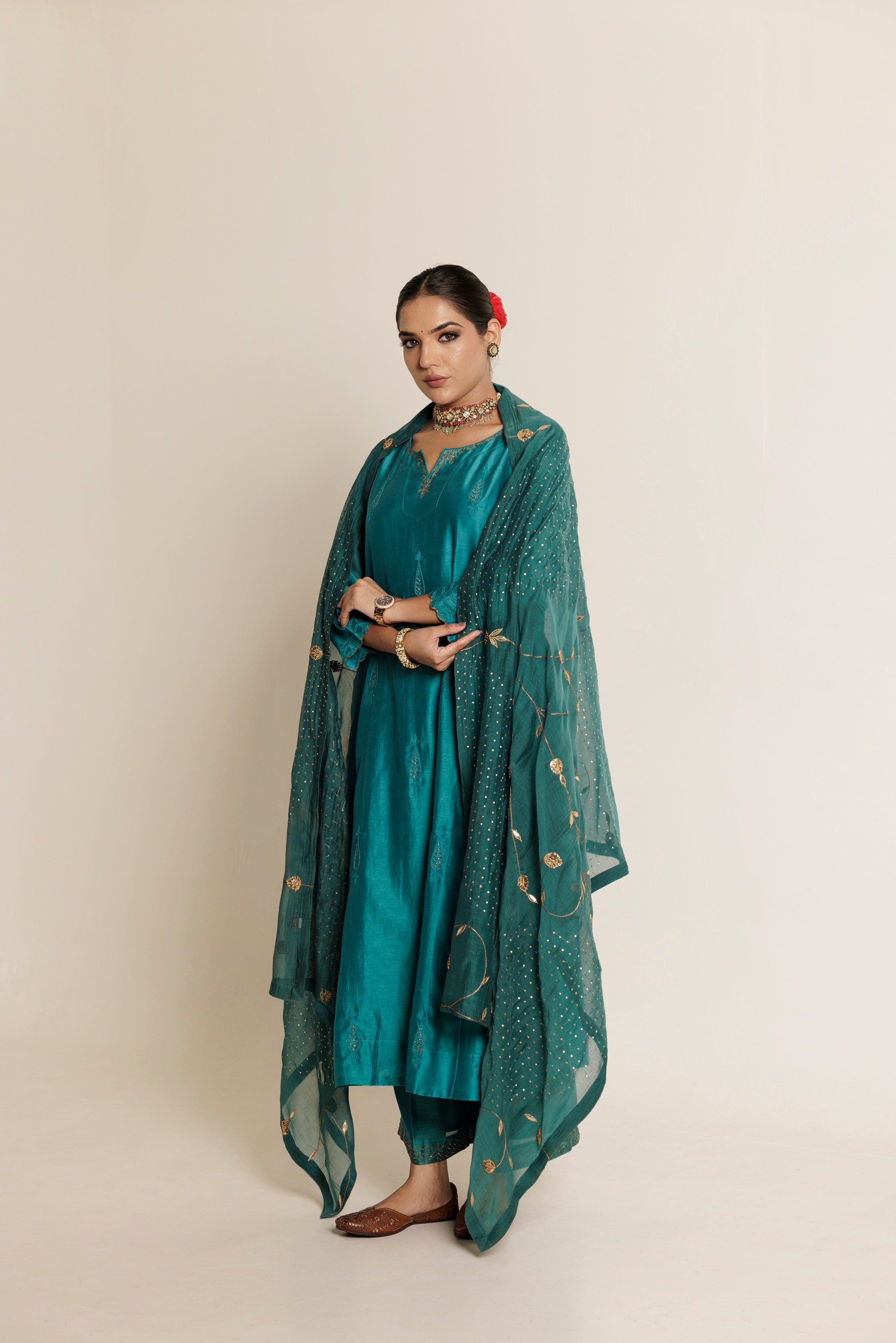 Teal & Magenta Hand Embroidered Gota Patti Chanderi Dupatta