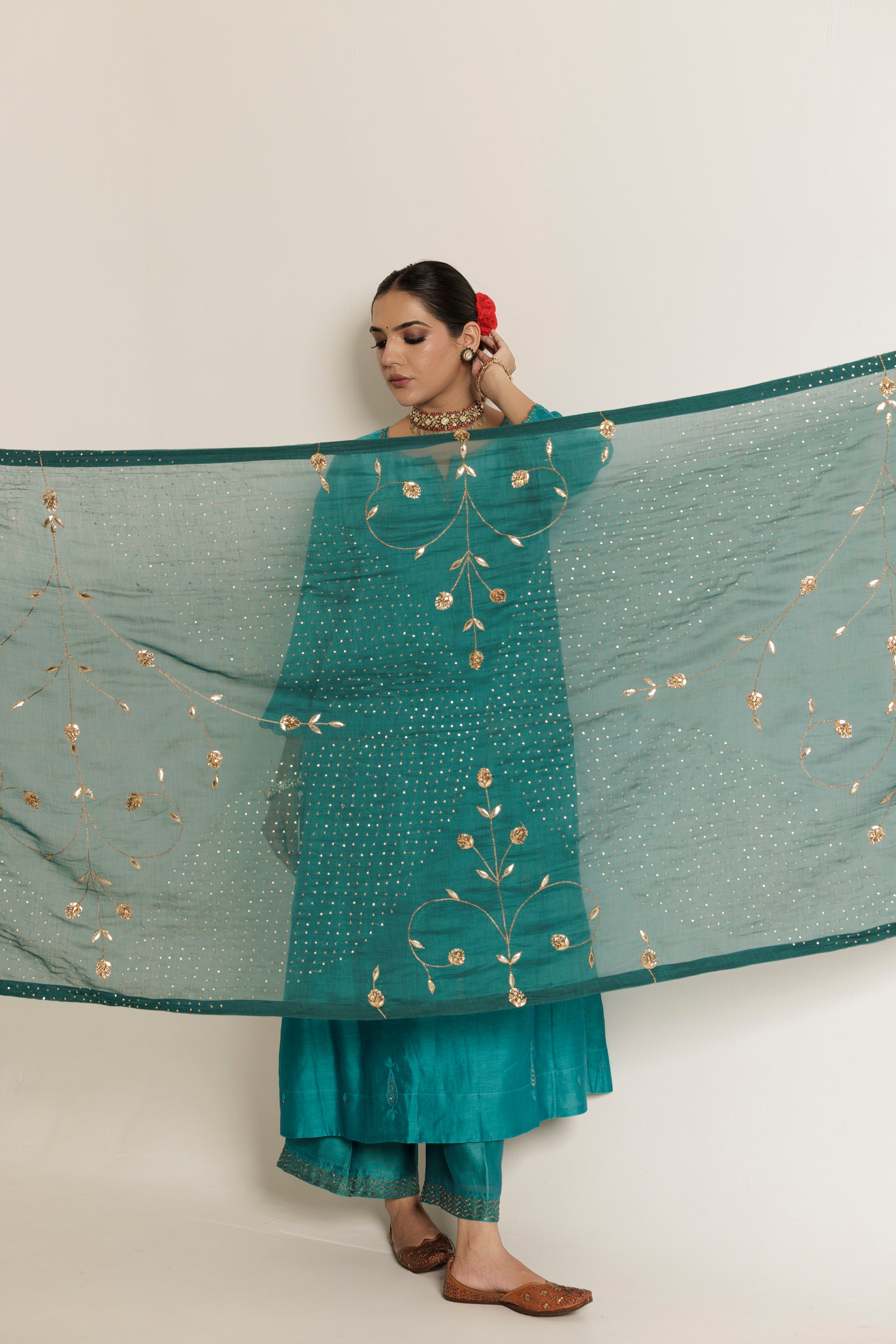 Teal & Magenta Hand Embroidered Gota Patti Chanderi Dupatta