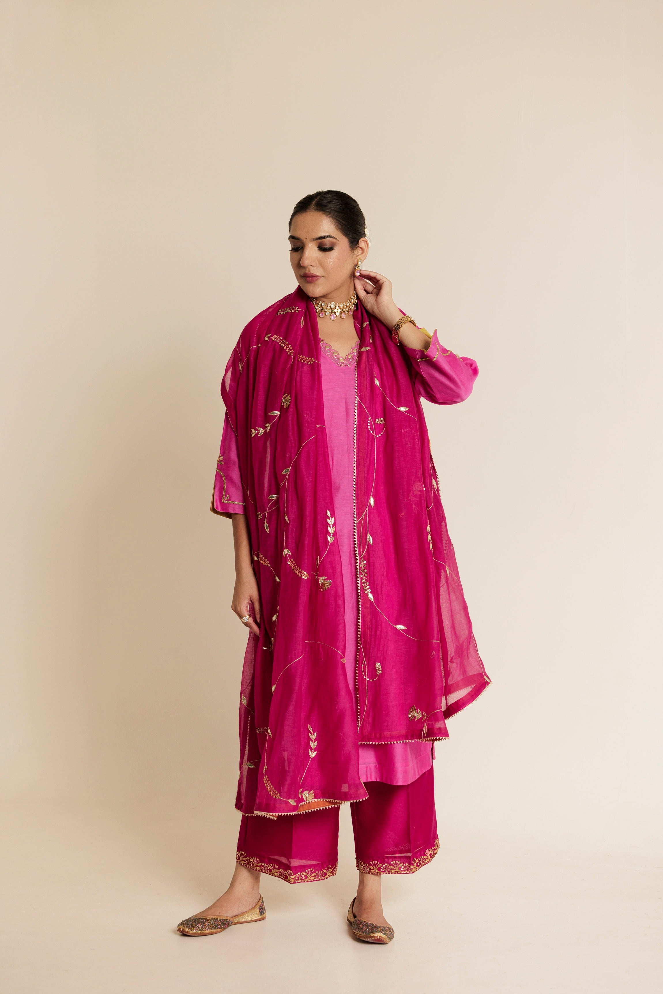 Ivory Hand Embroidered Gota Jaal Chanderi Dupatta