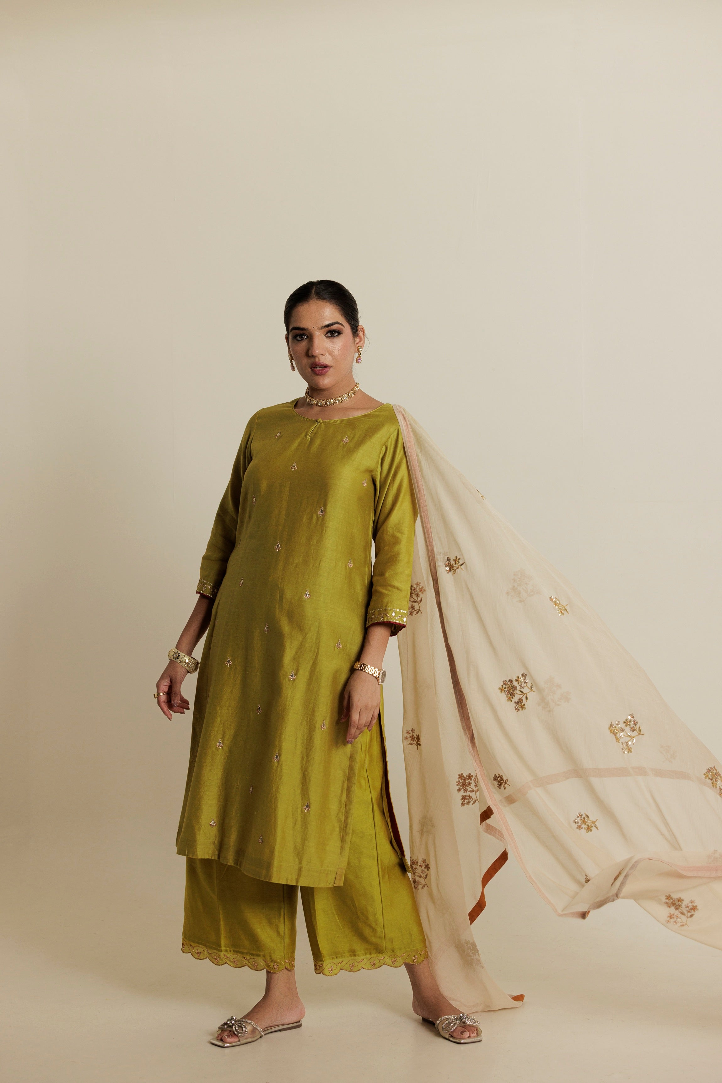 Mustard Ivory Floral Gota Patti Chanderi Dupatta
