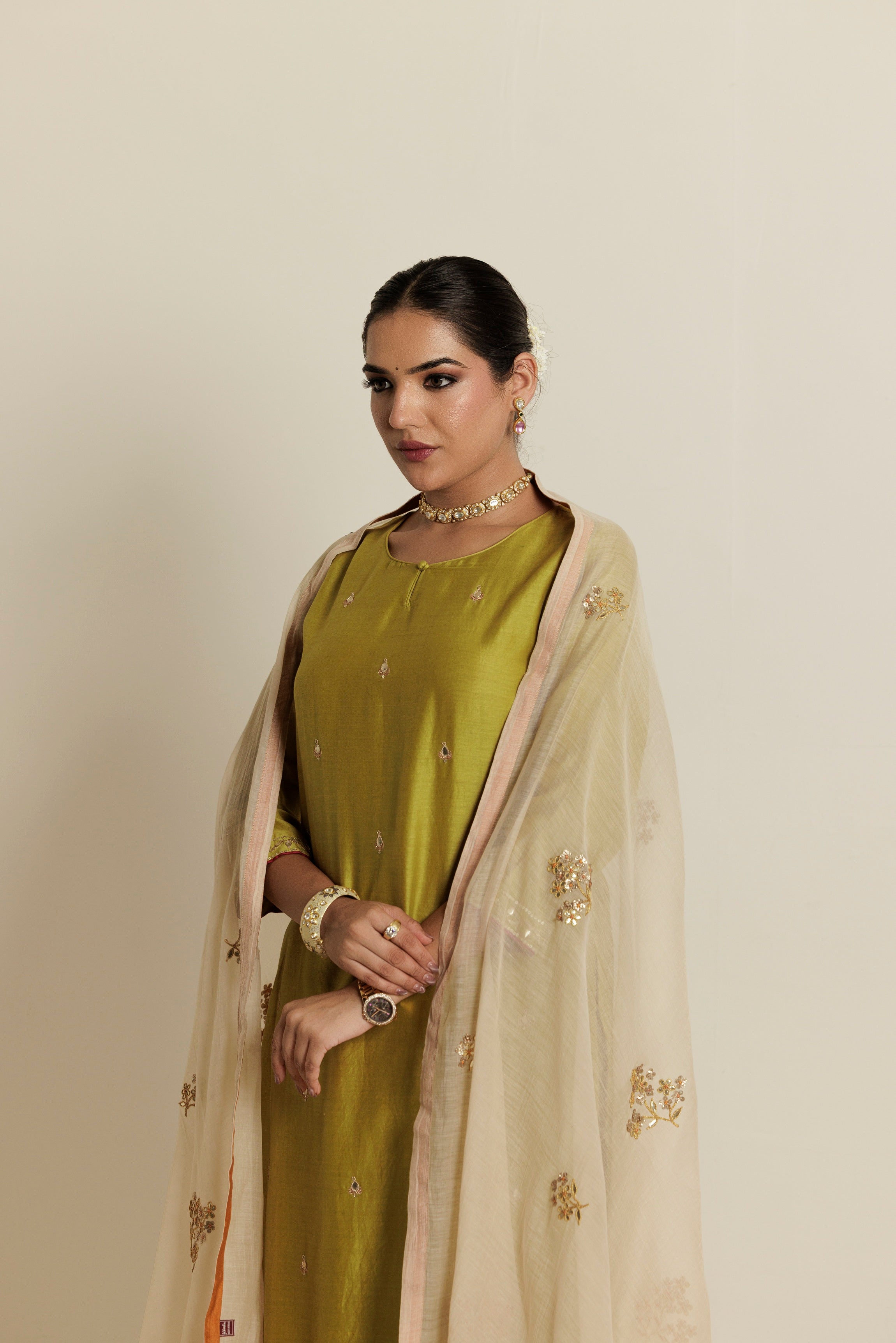 Mustard Ivory Floral Gota Patti Chanderi Dupatta