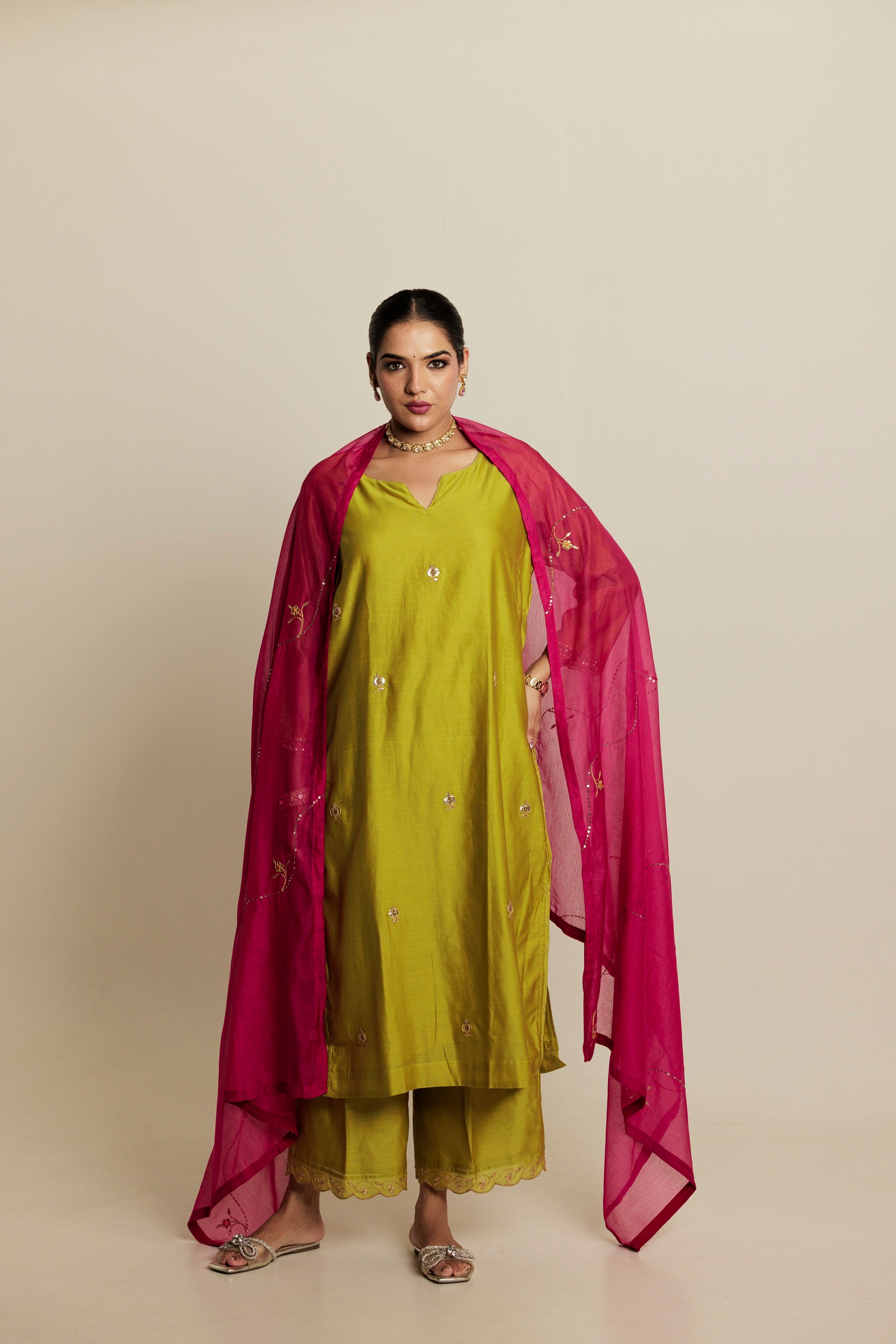 Fuchsia Pink Hand Embroidered Gota Patti Chanderi Dupatta