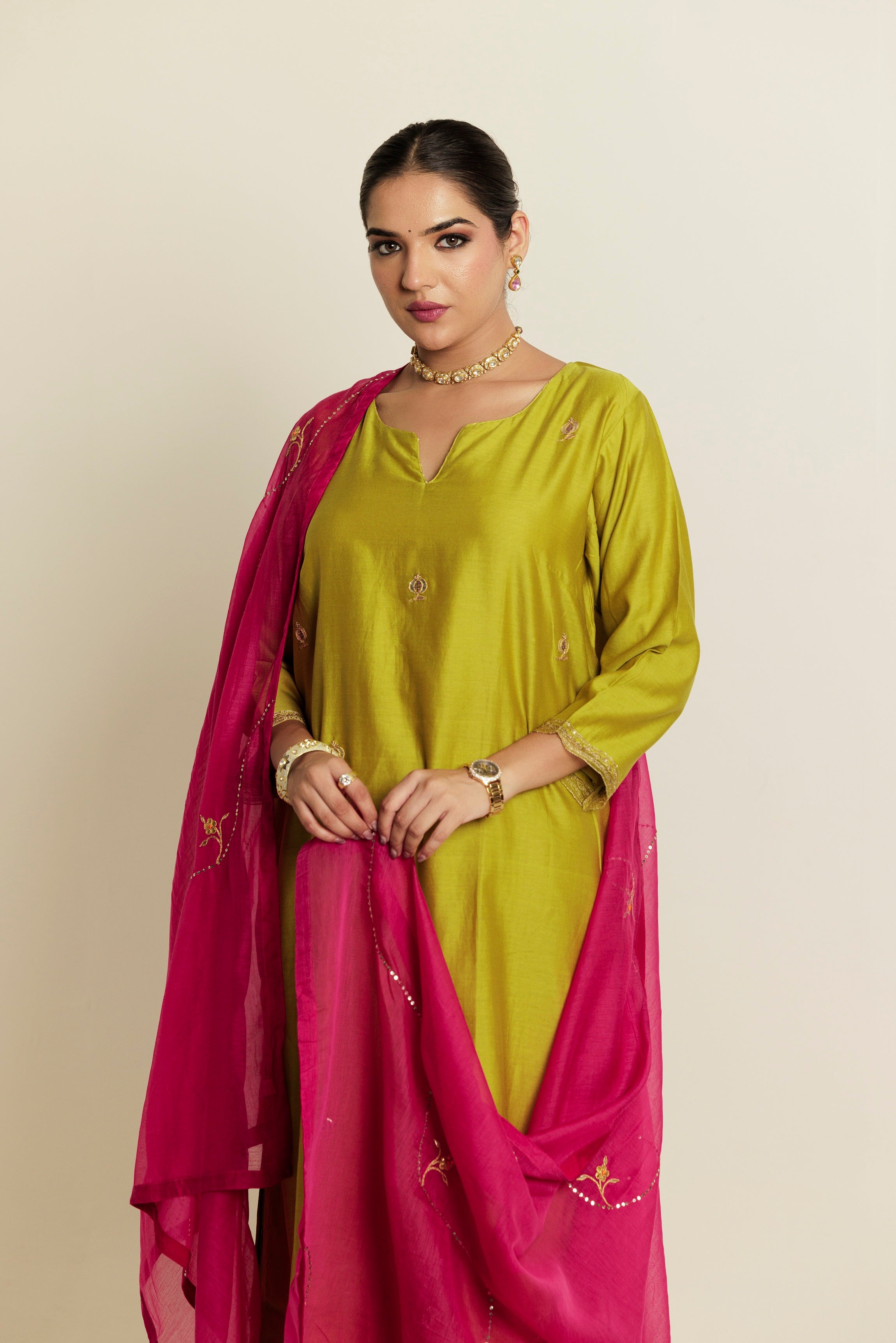 Fuchsia Pink Hand Embroidered Gota Patti Chanderi Dupatta