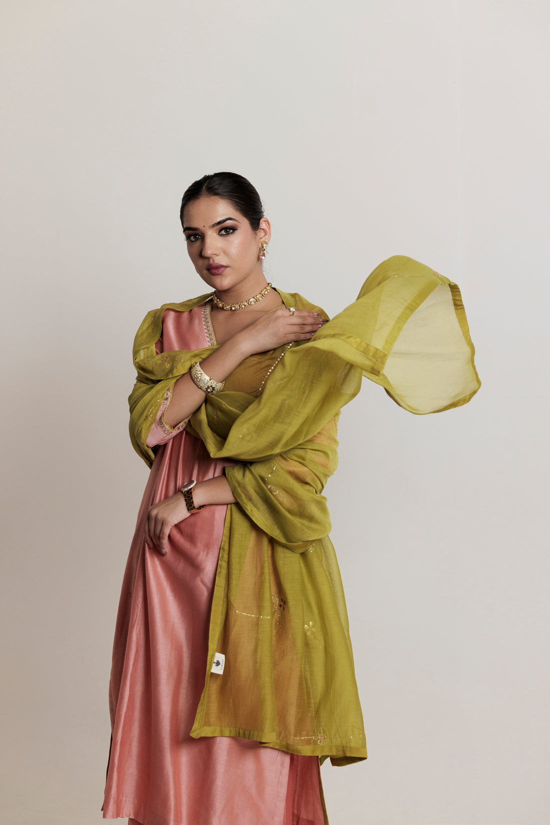 Olive Green Gota Sequins Cotton Silk Dupatta