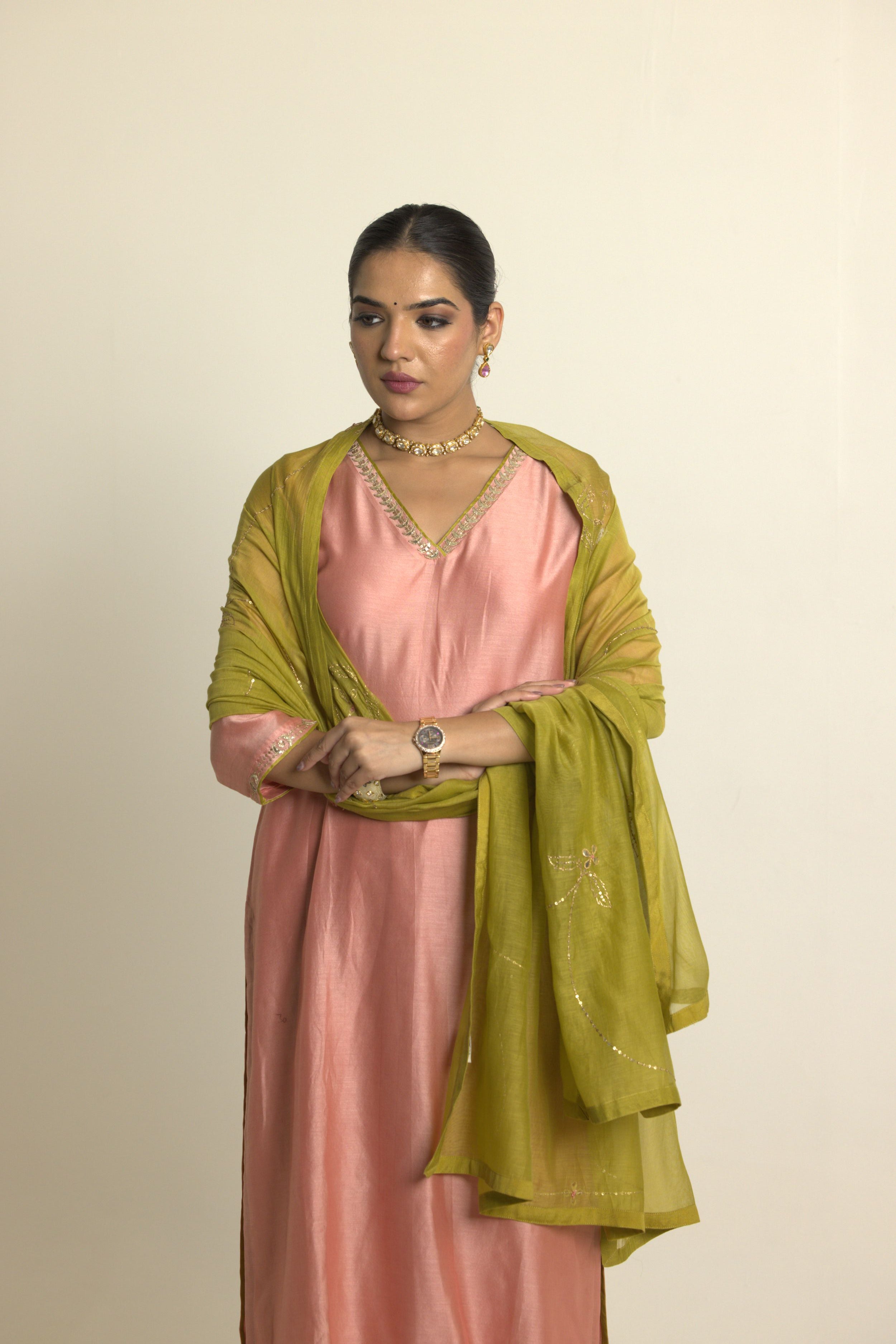 Olive Green Gota Sequins Cotton Silk Dupatta