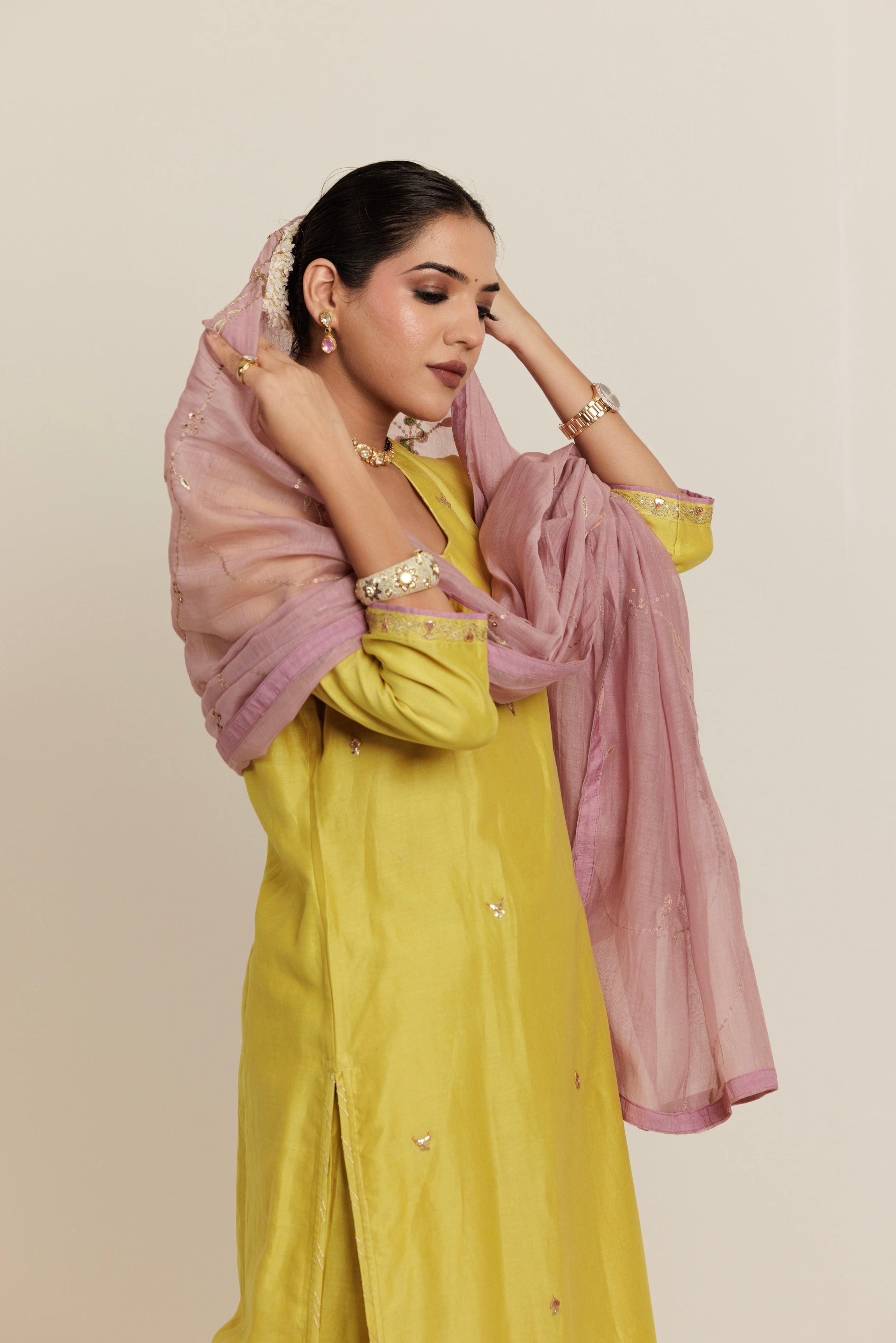 Lavender & Mustard Dandelion Bel Dupatta