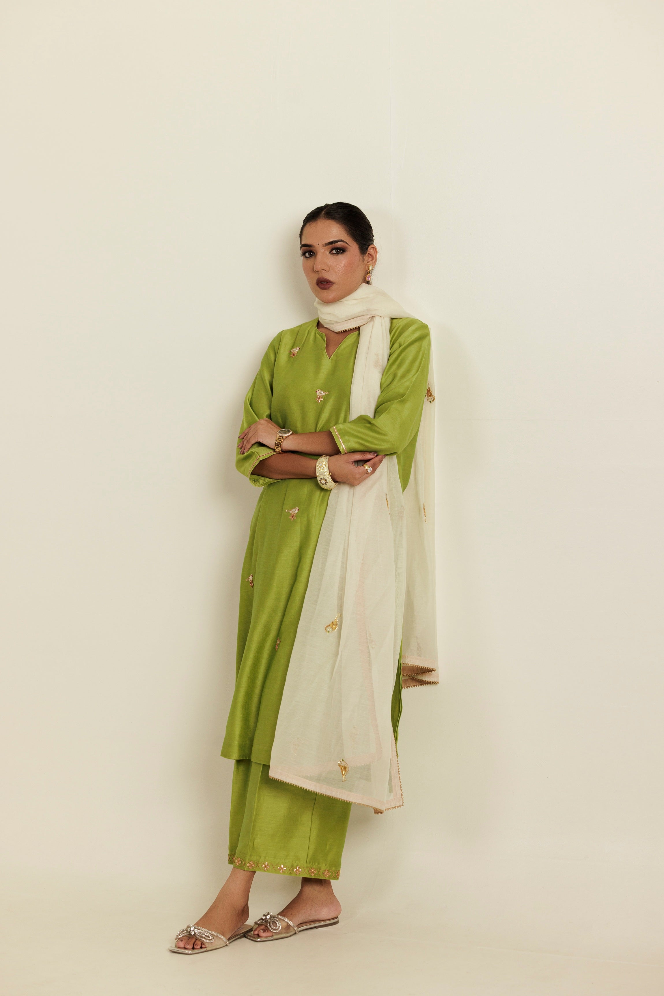 White Gold Chidiya Gota Patti Chanderi Dupatta