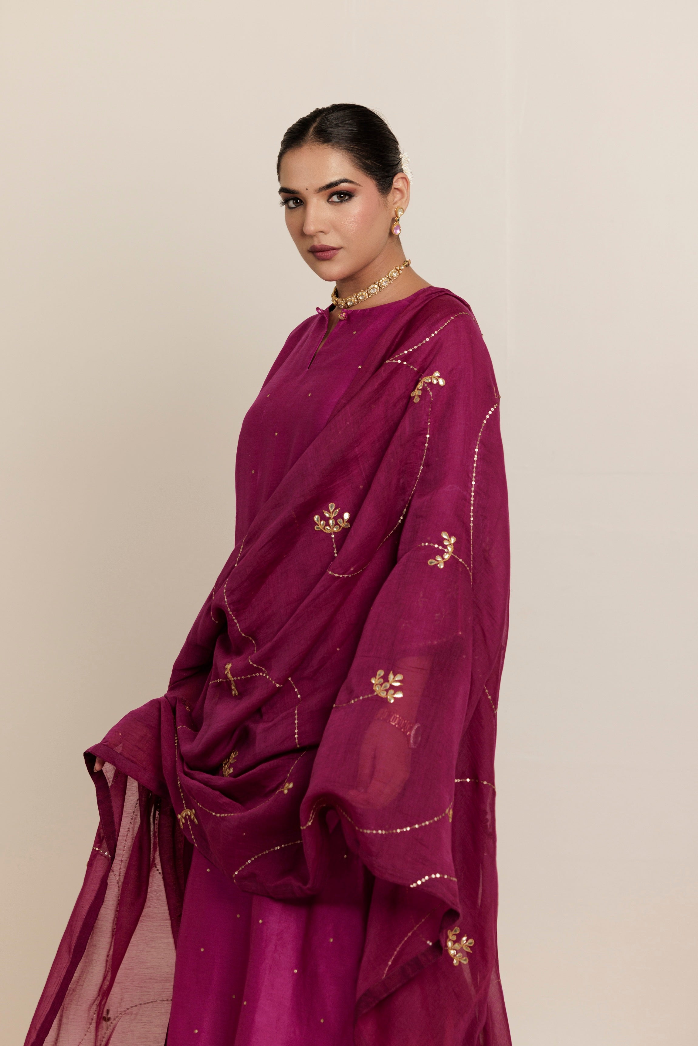 Dark Magenta Pink Hand Embroidered Gota Patti Dupatta
