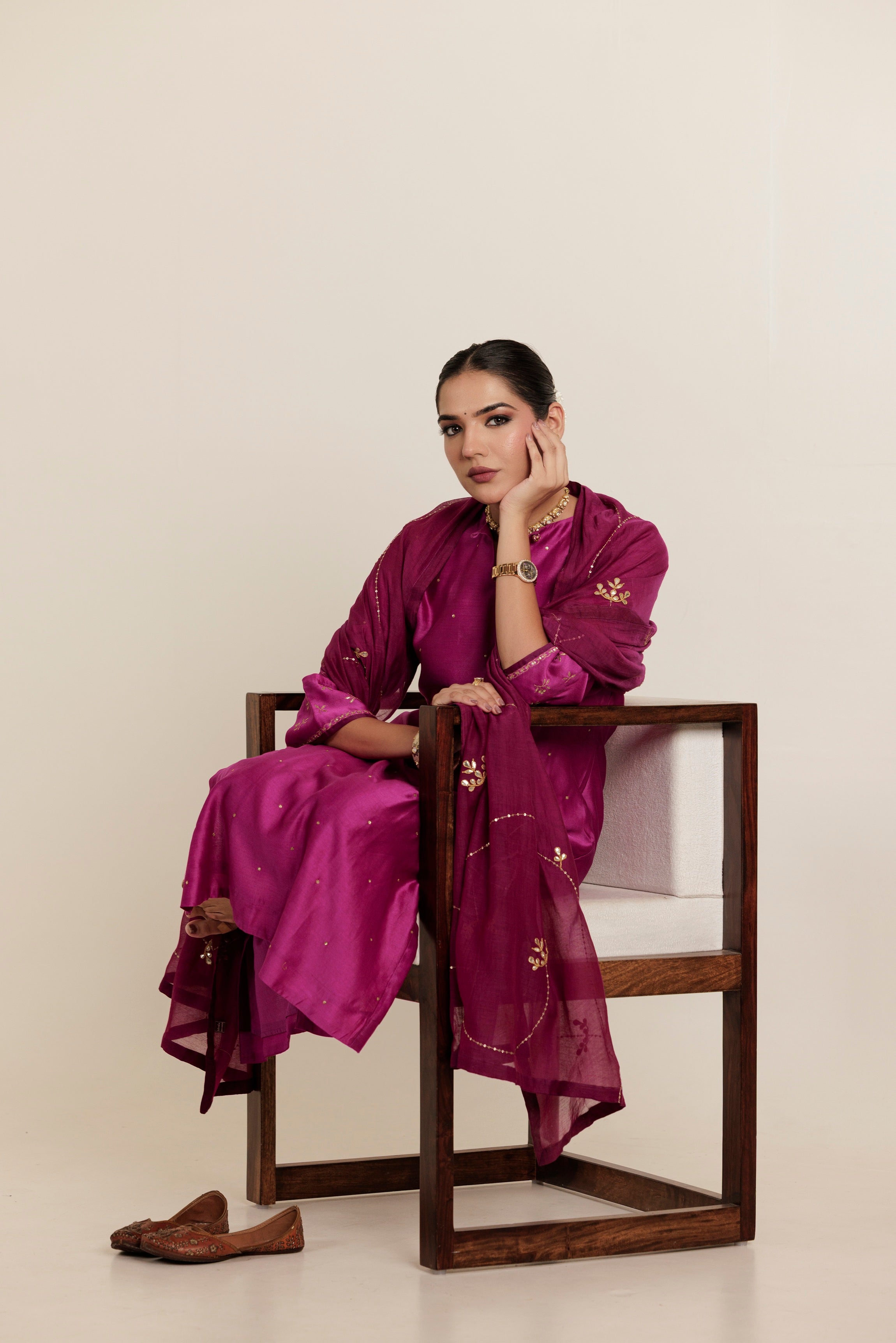 Dark Magenta Pink Hand Embroidered Gota Patti Dupatta