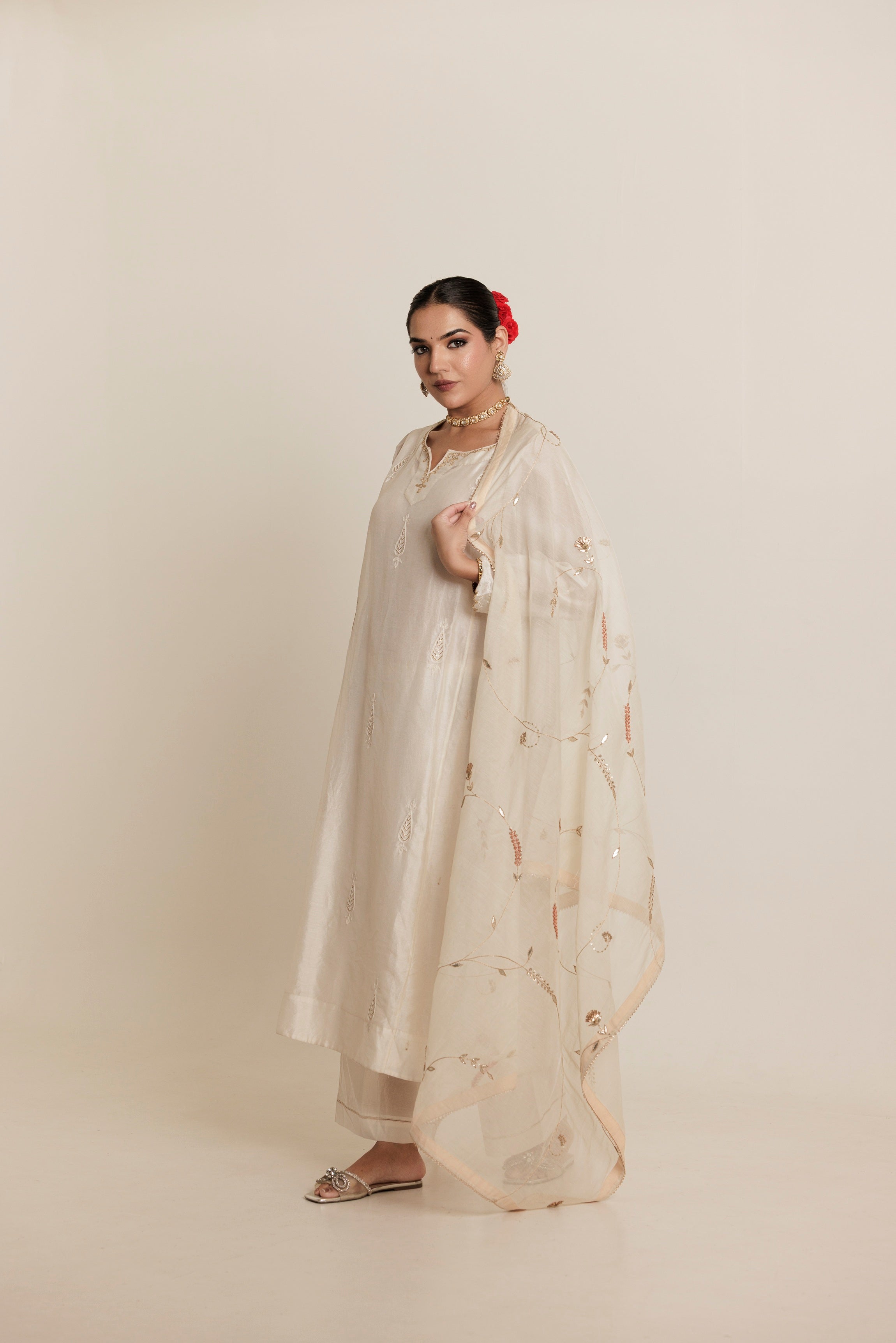 Ivory Hand Embroidered Gota Jaal Chanderi Dupatta