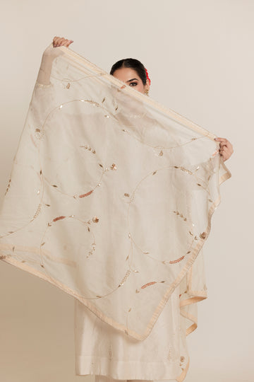 Ivory Hand Embroidered Gota Jaal Chanderi Dupatta