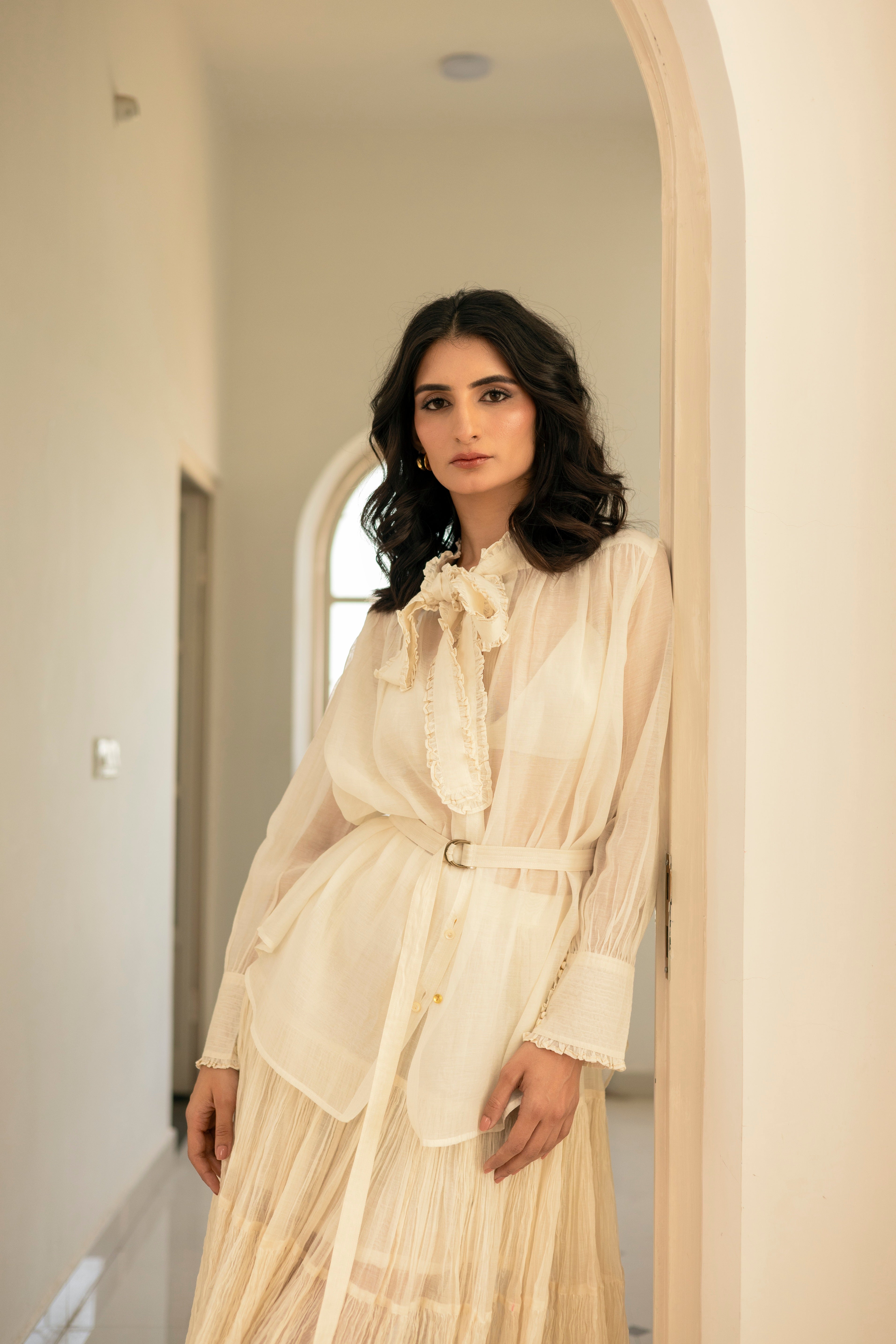 Victorian Frill Shirt with a Tie - Ivory Cotton Silk Sheer Blouse