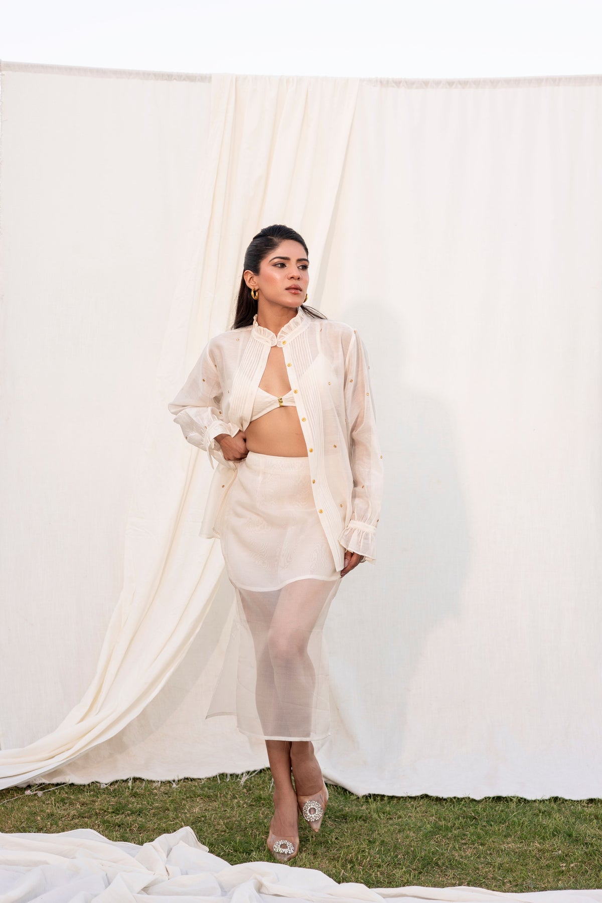 Ivory Gota-Polka Tuxedo shirt