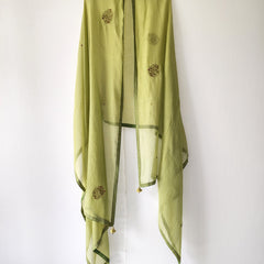 Floral Green Hand Embroidered Handmade Festive Dupatta with Tassels