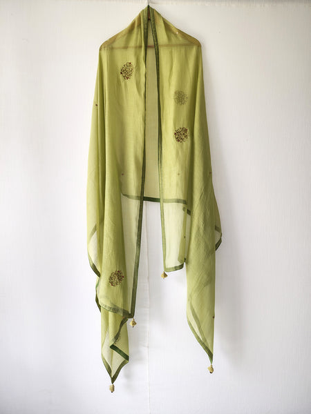 Floral Green Hand Embroidered Handmade Festive Dupatta with Tassels