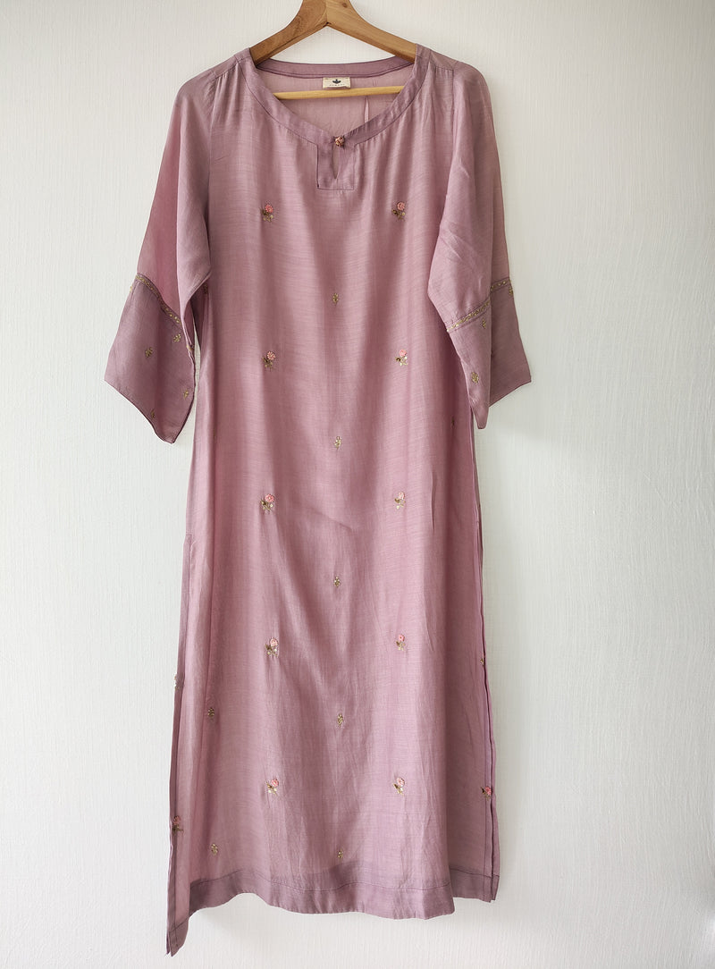 Mauve Silk Viscose Kurta with Pants Hand Embroidered Gota Patti Set