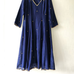 Blue Anarkali Kurta with Pants Hand Embroidered Marori Work Chanderi Set