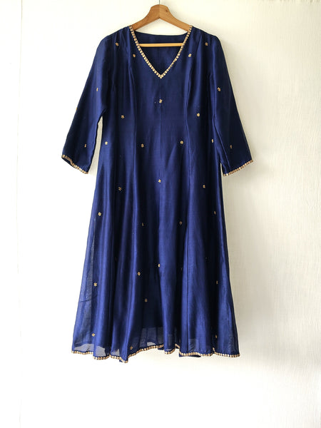 Blue Anarkali Kurta with Pants Hand Embroidered Marori Work Chanderi Set