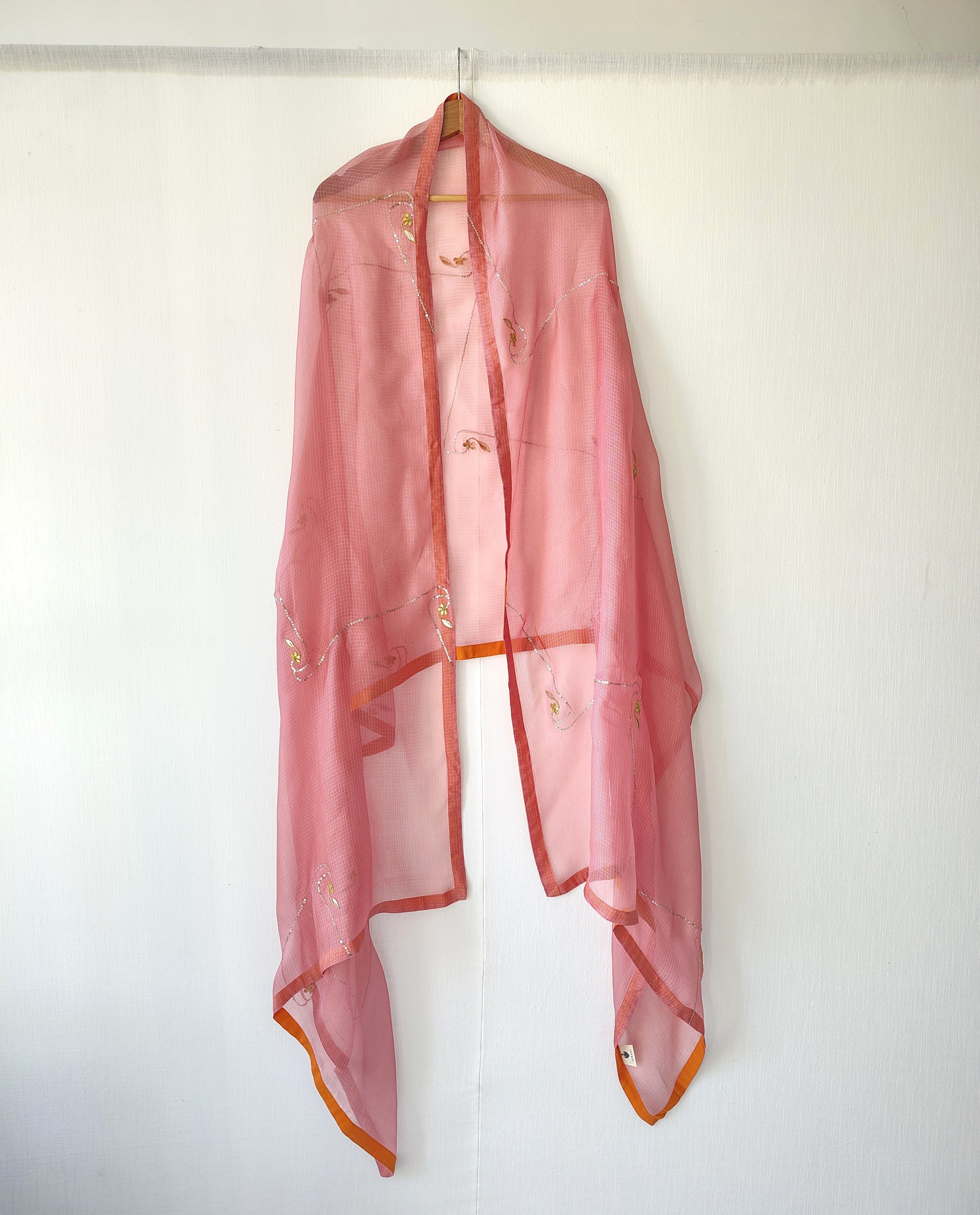 Rose Pink Kota Silk Hand Embroidered Dupatta