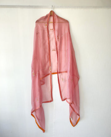 Rose Pink Kota Silk Hand Embroidered Dupatta