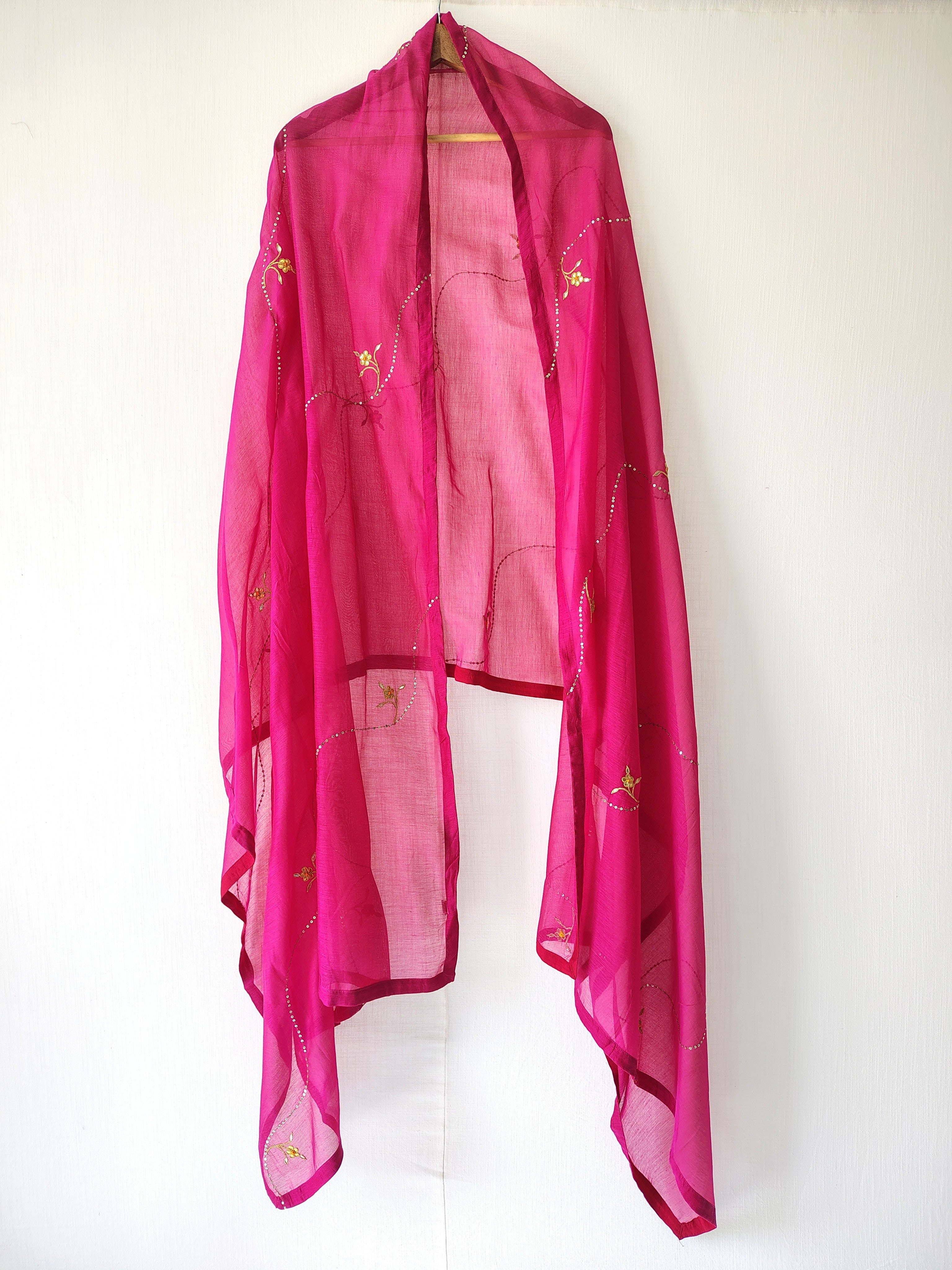 Fuchsia Pink Hand Embroidered Gota Patti Chanderi Dupatta