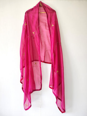 Fuchsia Pink Hand Embroidered Gota Patti Chanderi Dupatta