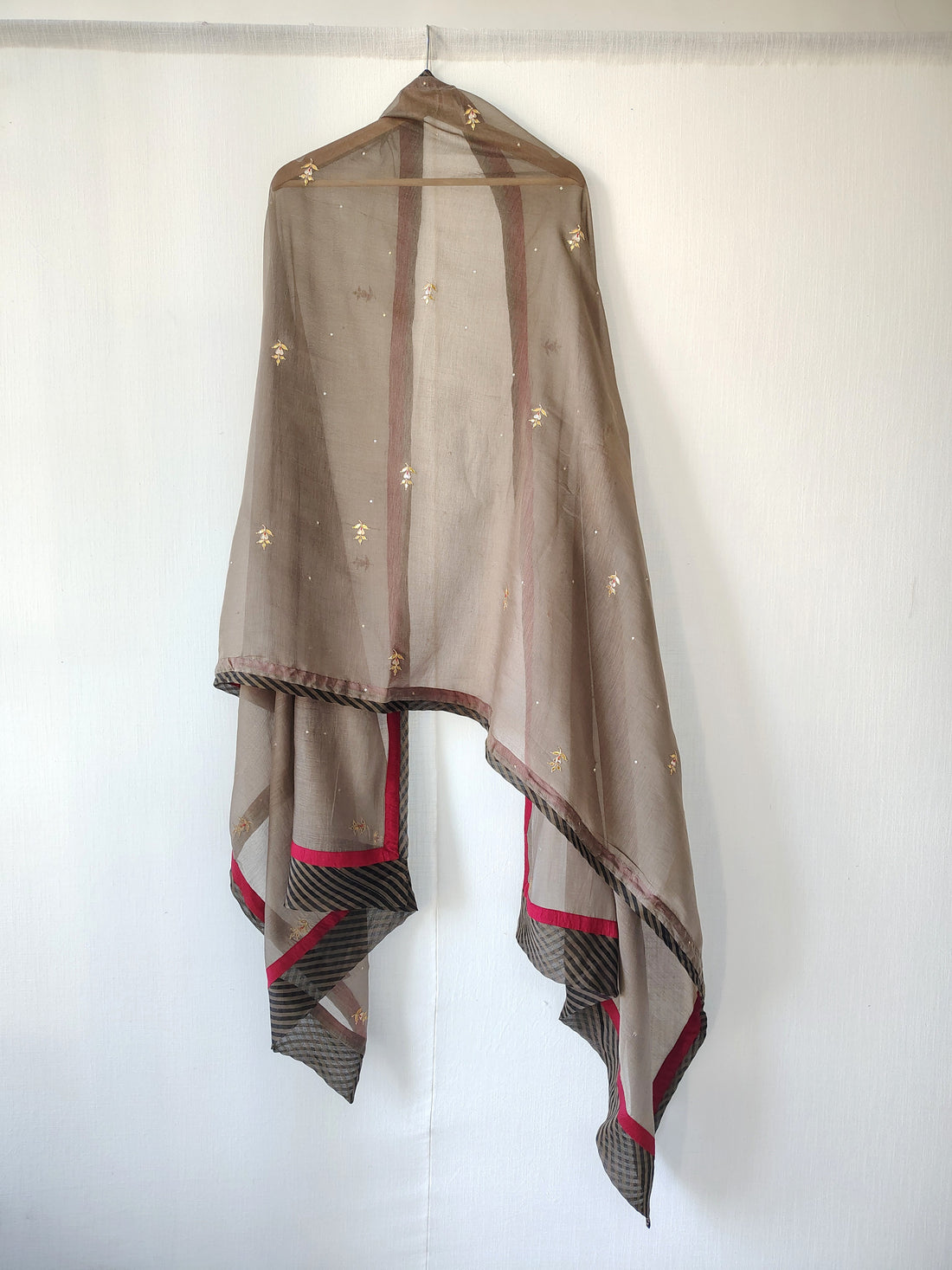 Grey Embroidered Gota-Patti Cotton Silk Dupatta with Border