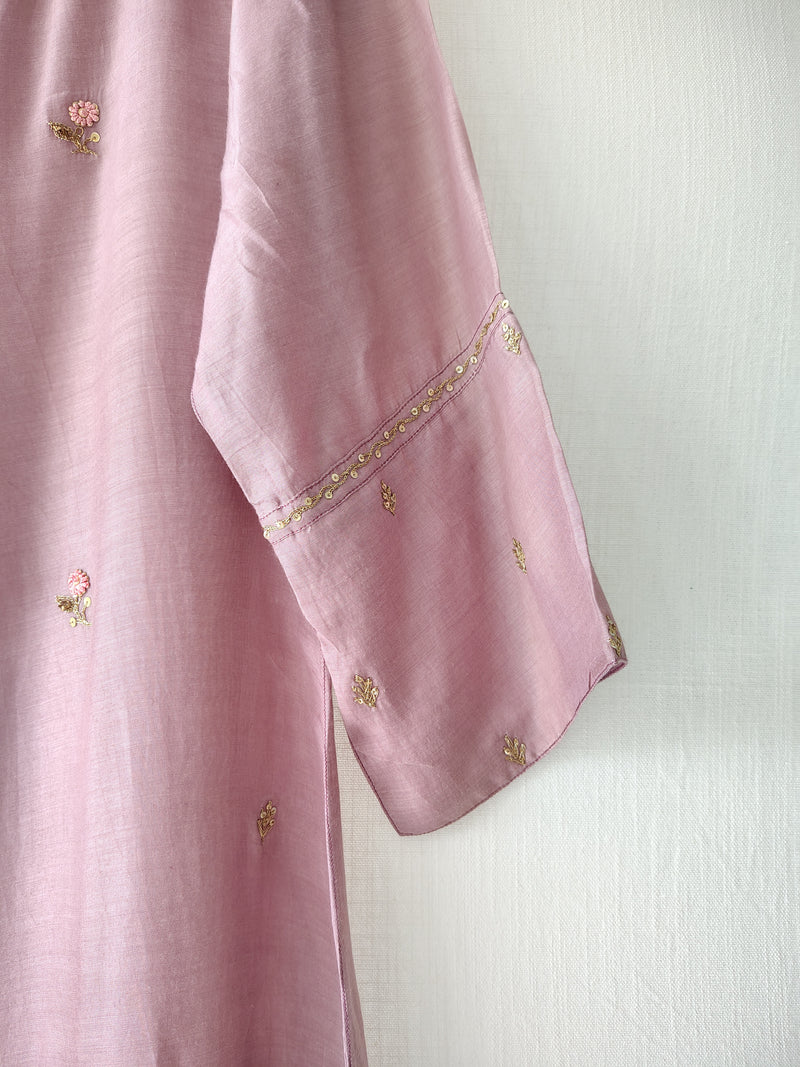 Mauve Silk Viscose Kurta with Pants Hand Embroidered Gota Patti Set