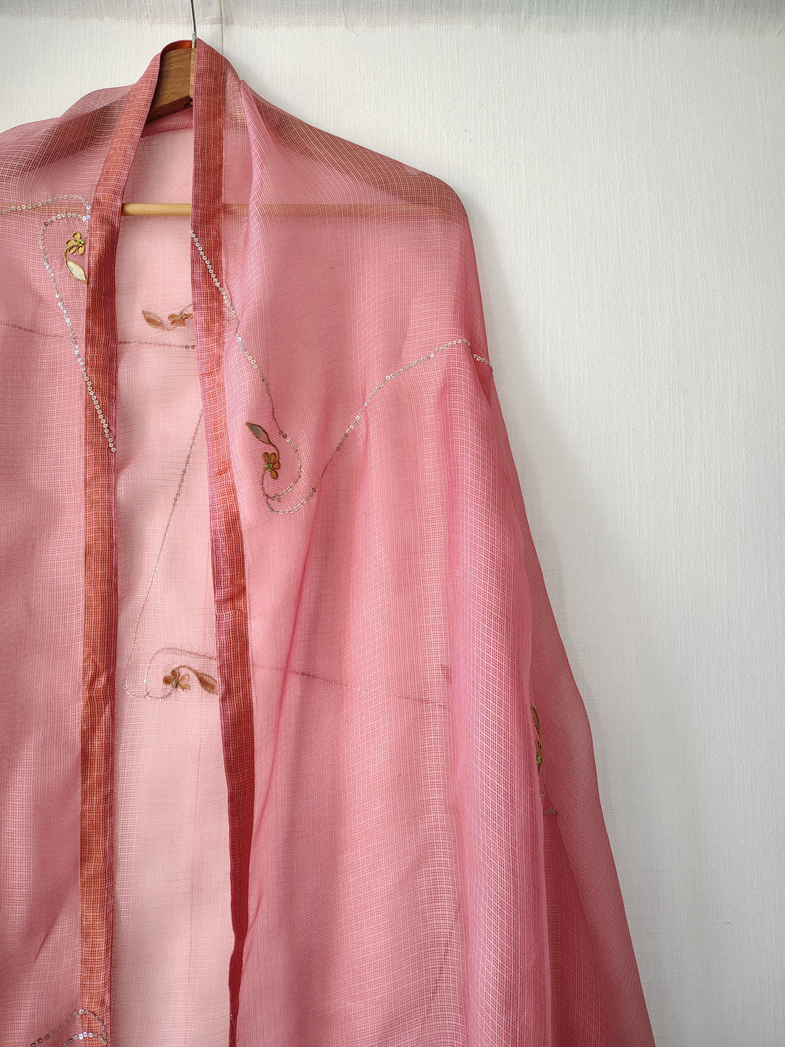 Rose Pink Kota Silk Hand Embroidered Dupatta