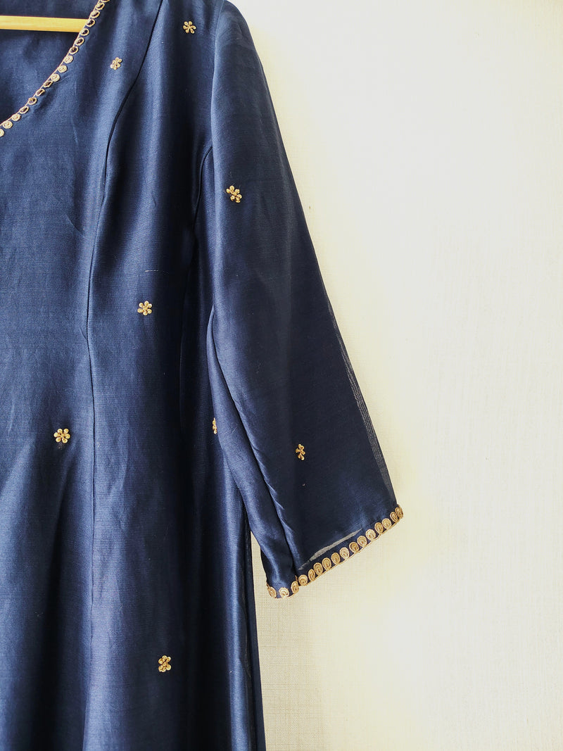 Blue Anarkali Kurta with Pants Hand Embroidered Marori Work Chanderi Set