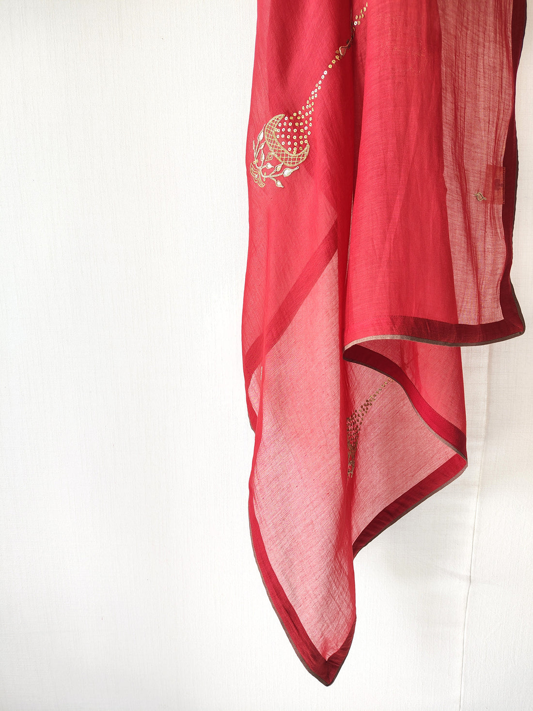 Rust-Gold Hand Embroidered Chanderi Sequins Dupatta