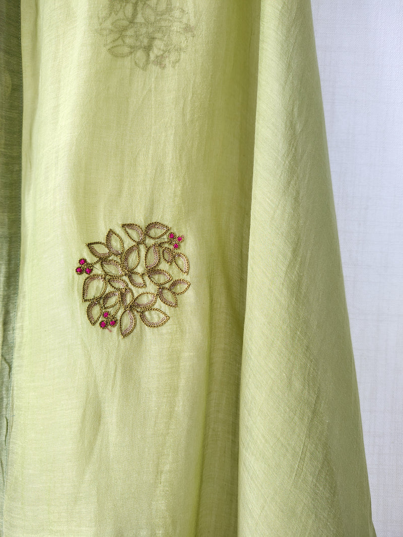 Floral Green Hand Embroidered Handmade Festive Dupatta with Tassels