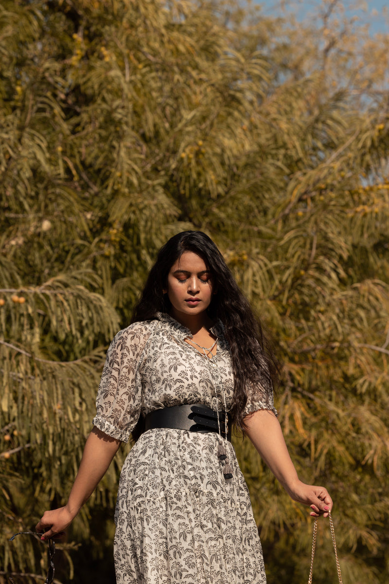 Black & White Long Flared Chanderi Maxi Dress