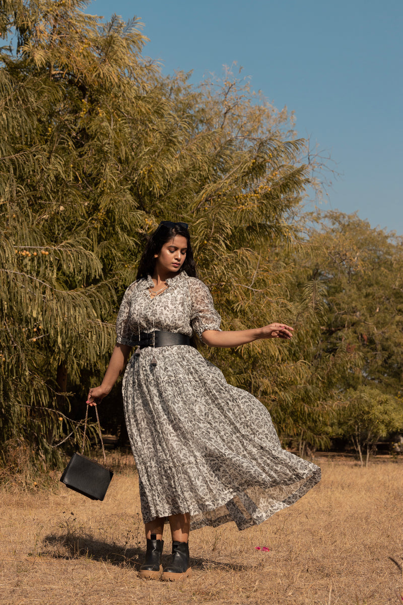 Black & White Long Flared Chanderi Maxi Dress