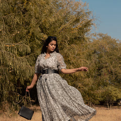 Black & White Long Flared Chanderi Maxi Dress