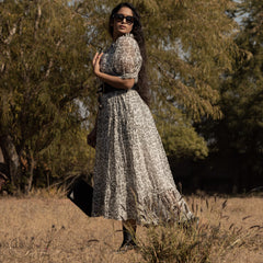 Black & White Long Flared Chanderi Maxi Dress