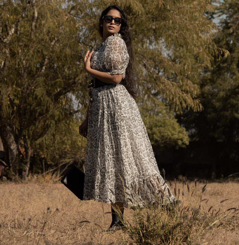 Black & White Long Flared Chanderi Maxi Dress