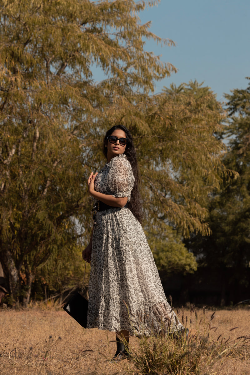 Black & White Long Flared Chanderi Maxi Dress