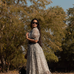 Black & White Long Flared Chanderi Maxi Dress