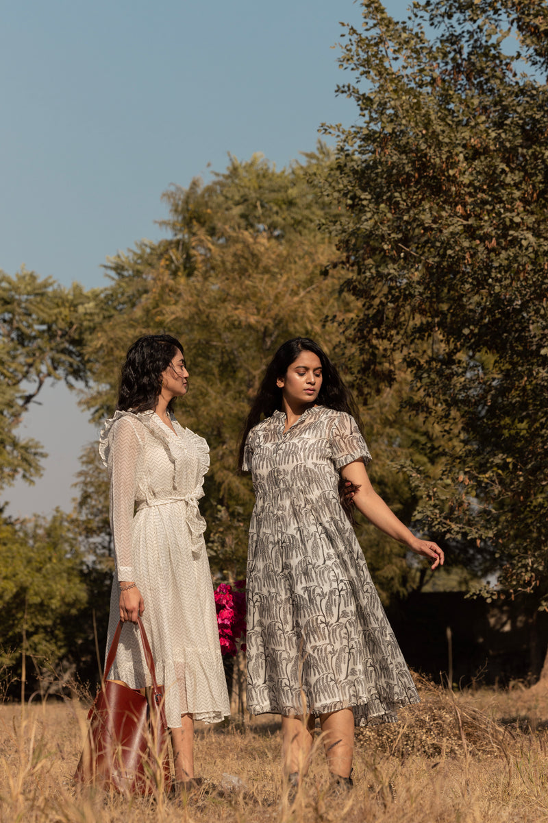 Printed Flared Chanderi Midi Dress