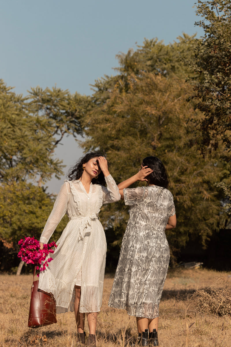Printed Chanderi Frilled Midi Dress