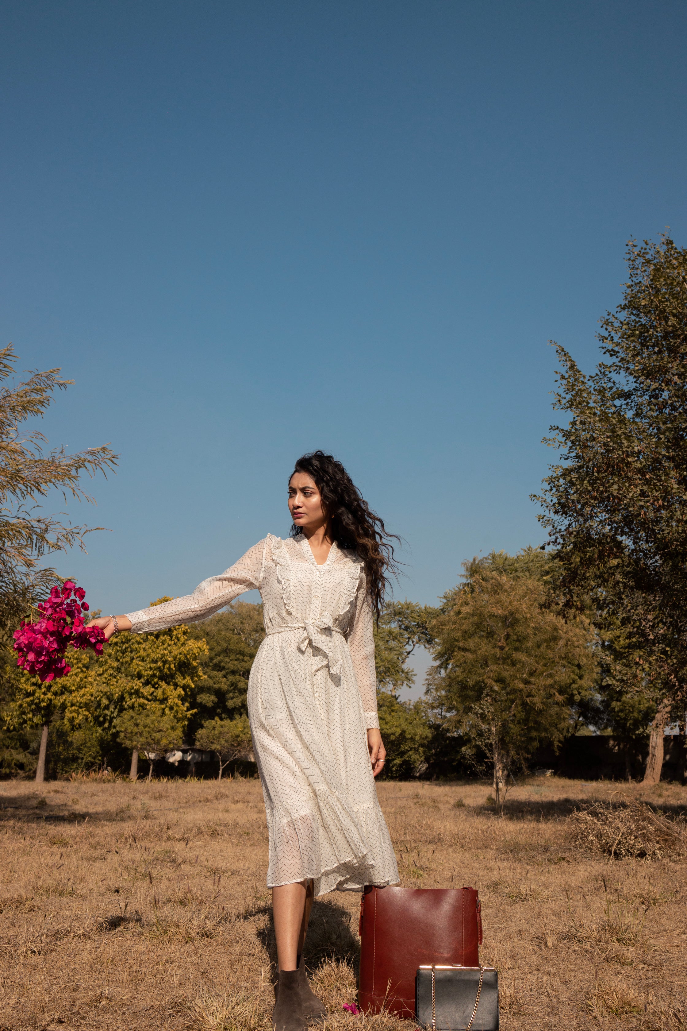 Chevron Chanderi Tiered Dress Midi with Frilled Neckline