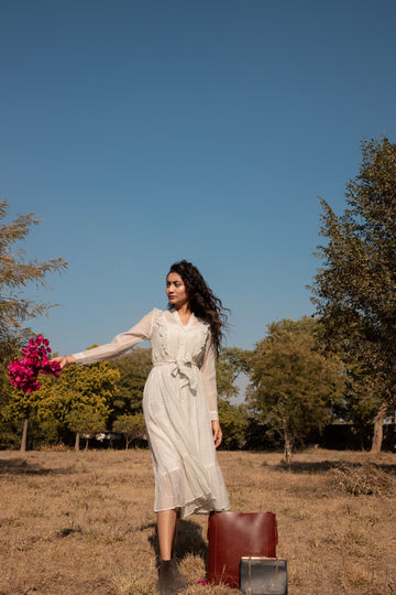 Chevron Chanderi Tiered Dress Midi with Frilled Neckline