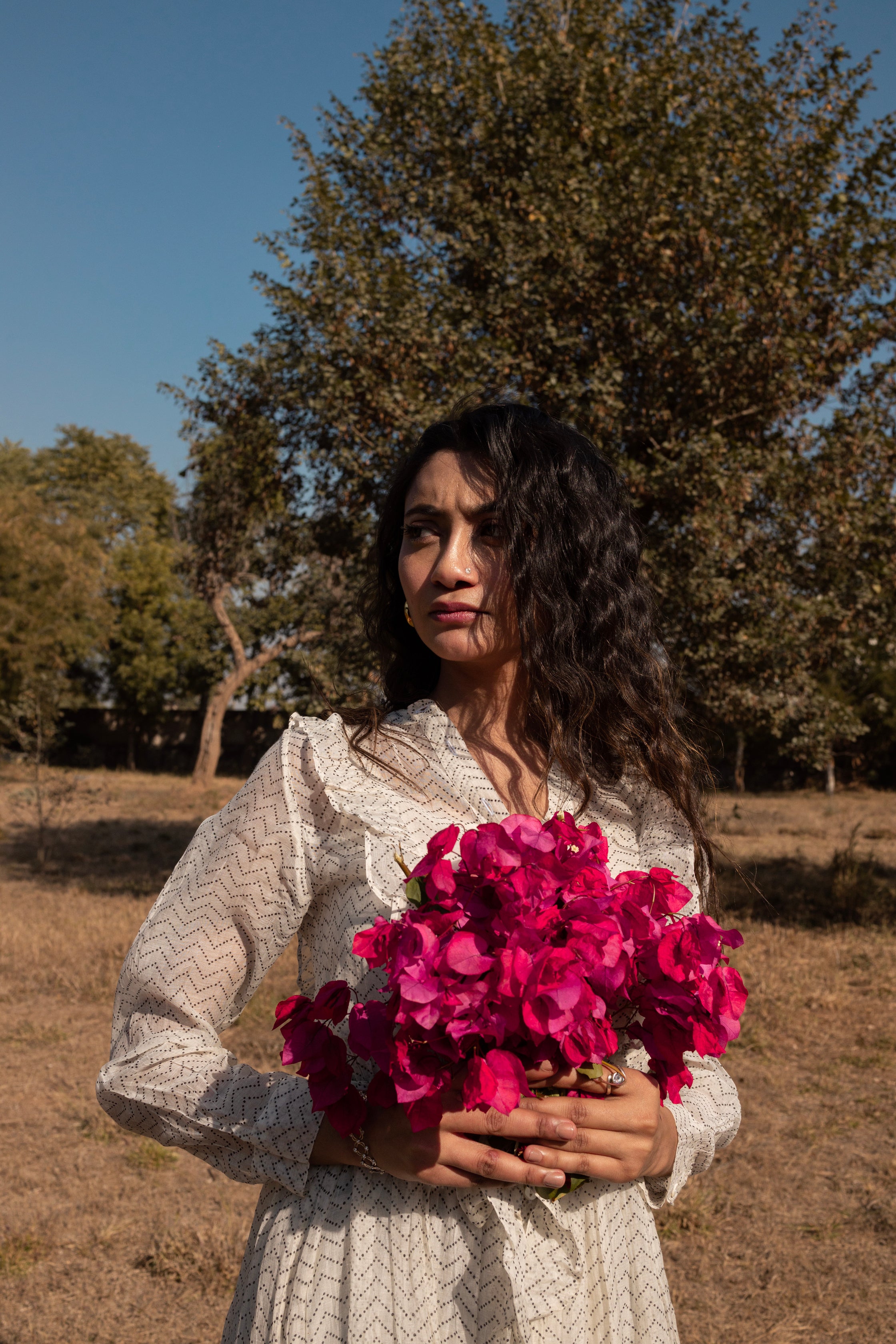 Chevron Chanderi Tiered Dress Midi with Frilled Neckline