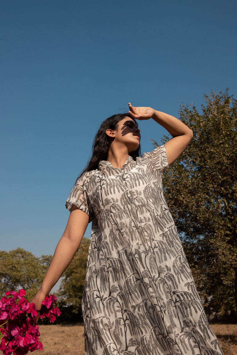 Printed Flared Chanderi Midi Dress