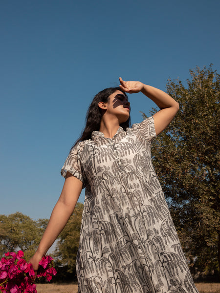 Printed Flared Chanderi Midi Dress
